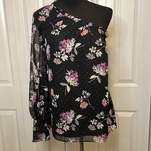 White House Black Market Blouse Off Shoulder Sheer Navy Blue Floral Size…